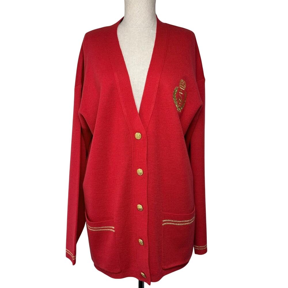 C.B. Casual Red Nautical Button Cardigan Vintage Gold Crest Size Large